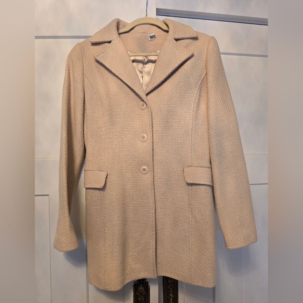 BP. Womans Cream Tweed Wool Long Dress Coat Ivory Jacket Classic Formal Winter M